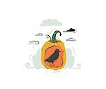 Hand drawn vector abstract cartoon illustration design element with raven,pumpkin isolated on white background.