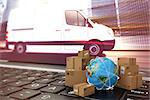 Small cardboard boxes and globe on a computer keyboard. 3D Rendering