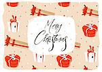 Hand drawn vector abstract fun Merry Christmas time cartoon illustration greeting card with many colorful surprise gift boxes and modern rough xmas calligraphy isolated on craft paper background.