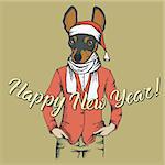 Dog toy terrier  vector Christmas concept. Illustration of dog  in human suit celebrating new year