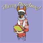 Dog toy terrier  vector Christmas concept. Illustration of dog  in human sweatshirt with gift in his hads celebrating new year