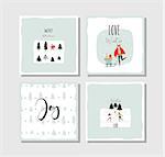 Hand drawn vector abstract fun Merry Christmas time cartoon cards collection set with cute illustrations,surprise gift boxes ,Christmas trees and modern calligraphy isolated on white background.