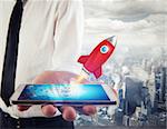 Small rocket starts from the cell phone of a businessman. 3D Rendering