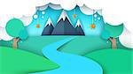 Cartoon paper landscape illustration. Mountain, star, tree, river field Vector eps 10