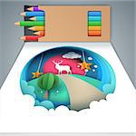 Painting painted with colored pencils. Deer, star, sun, cloud, tree landscape Vector eps 10