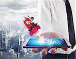 Businessman launches rocket from the mobile phone. 3D Rendering