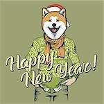 Akita dog vector Christmas concept. Illustration of dog  in human sweatshirt celebrating new year