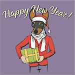 Dog toy terrier  vector Christmas concept. Illustration of dog  in human suit with gift in his hads celebrating new year