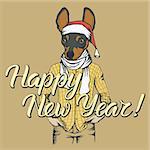 Dog toy terrier  vector Christmas concept. Illustration of dog  in human shirt celebrating new year