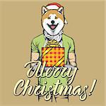 Akita dog vector Christmas concept. Illustration of dog in human suit celebrating new year