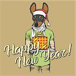 Dog toy terrier  vector Christmas concept. Illustration of dog in human suit celebrating new year