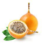 Granadilla or grenadia passion fruit with leaves isolated on white background. Clipping path included