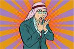 Arab businessman surprised, emotional reaction. Pop art retro vector illustration
