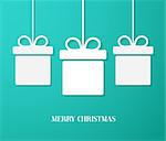 Christmas paper card with hanging gift boxes. Vector illustration.