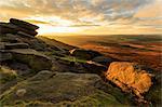 Carl Wark Hill Fort and Hathersage Moor from Higger Tor, sunrise in autumn, Peak District National Park, Derbyshire, England, United Kingdom, Europe