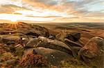 Higger Tor, Carl Wark Hill Fort and Hathersage Moor, sunrise in autumn, Peak District National Park, Derbyshire, England, United Kingdom, Europe