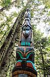 Yaadaas Crest Corner Pole, Tlingit totem pole, rainforest, Sitka National Historic Park, Sitka, Baranof Island, Alaska, United States of America, North America