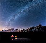 Panorama of Mont Blanc, Mont De La Saxe and Grand Jorasses under the starry sky, Graian Alps, Courmayeur, Aosta Valley, Italy, Europe