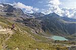 Sentiero Glaciologico and water basin and dam of Alpe Gera on the background, Malenco Valley, Valtellina, Lombardy, Italy, Europe