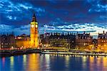 Big Ben (the Elizabeth Tower) and Westminster Bridge at dusk, London, England, United Kingdom, Europe