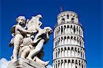 The Leaning Tower of Pisa, campanile or bell tower, Fontana dei Putti, Piazza del Duomo, UNESCO World Heritage Site, Pisa, Tuscany, Italy, Europe