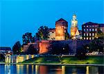 Wawel Royal Castle and Vistula River at twilight, Cracow, Lesser Poland Voivodeship, Poland, Europe