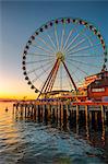 Seattle's Great Wheel on Pier 57 at golden hour, Seattle, Washington State, United States of America, North America