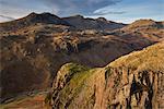 Late evening light on the Scafells from above Hardknott Fort, Lake District National Park, Cumbria, England, United Kingdom, Europe