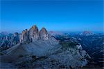 Sesto / Sexten, province of Bolzano, Dolomites, South Tyrol, Italy. The Three Peaks of Lavaredo in the blue hour