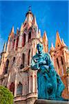 The statue of Fray Juan de San Miguel in front of the Parroquia de San Miguel Arcangel church in San Miguel de Allende, Mexico