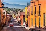 Brightly colored buildings on Zacateros Street in San Miguel de Allende, Mexico