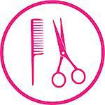 icon with pink scissors and comb on white background
