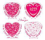 artistic set of hand drawn hearts with flowers, butterflies and decorative elements