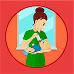 Mother holding and feeding baby with milk bottle. Flat style vector cartoon illustration
