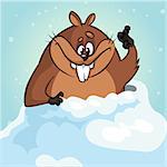 Vector funny groundhog. Cartoon a cute groundhog peeking out of its hole smiling and waving. Vector isolated