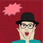 Cartoon surprised wow girl wearing hat and eyeglasses and holding her face in hands, ads, banner, poster for sale , discount, business
