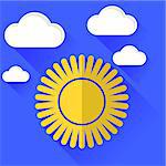 Sun Icon Isolated on Blue Sky Background. Long Shadow