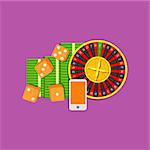 Online gambling flat illustration colored on purple background. Roulette, dice cubes, mobile phone and bundle of cash. Vector concept. EPS10