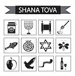 Set icons on the Jewish new year, black silhouette icon, Rosh Hashanah, Shana Tova. Cartoon icons flat style. Traditional symbols of Jewish culture. Vector illustration