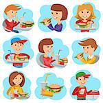 Vector illustration icons of people with fast food isolated on white background.