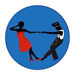 Couple man and woman dancing, vintage dance, black silhouettes and color dress up, vector sign, icon, ads, promo, banner, illustration