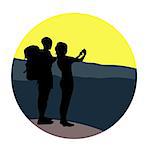 Couple - young man and woman - walking on a mountain trail and looking at a horizon, taking a photo pic. Adventure travel. Summer vacation. Around the world. Vector illustration, sign, banner, icon in circle