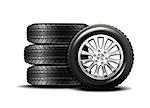 Stacked car wheels. Four black rubber tires on a white background. Vector illustration