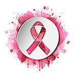 Poster with pink ribbon badge on colorful pink blot with droplets, smudges, stains, splashes in grunge style. Symbol of Breast cancer awareness and social support. EPS10 vector.