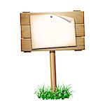 Announcement, empty paper blank on wooden signboard in grass. 10eps vector illustration isolated on white background