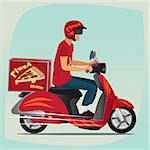 Young man working the pizza courier. Riding on branded red scooter for carries  rush order. Food delivery concept. Side view and cartoon style