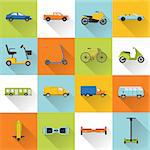 Collection of different transport icons in flat style with long shadow. City transportation symbols set.