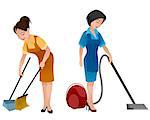 Vector illustration of two cleaning women in aprons