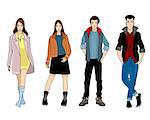 Vector illustration of four fashionable teenagers on white