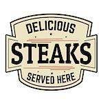 Delicious steaks label or icon on white background, vector illustration